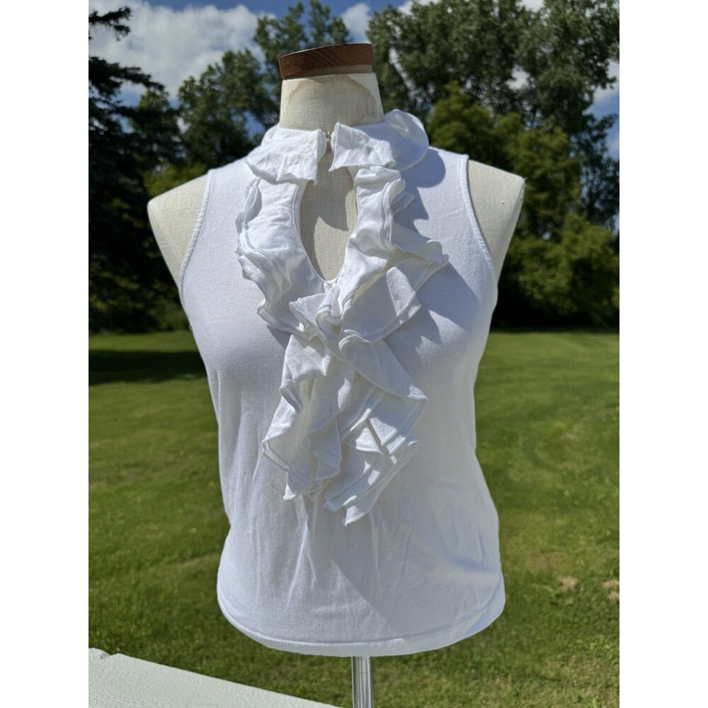 Ralph Lauren White Ruffle Sleeveless Preppy Cotton Blouse Small